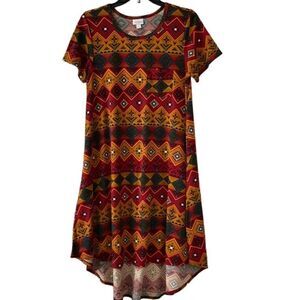 LuLaRoe Carly Dress Size XS Red & Gold Aztec Print